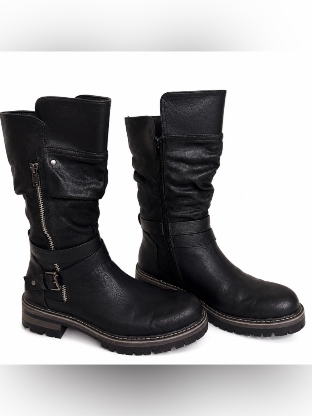 Blaire Black Mid Calf Moto Combat Boots Zipper Buckle Steam Punk Goth Grunge 8M